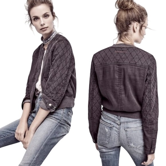 Anthropologie Hei Hei Itinerary Quilted Charcoal Grey Boho Crop Bomber Jacket S - Picture 1 of 9